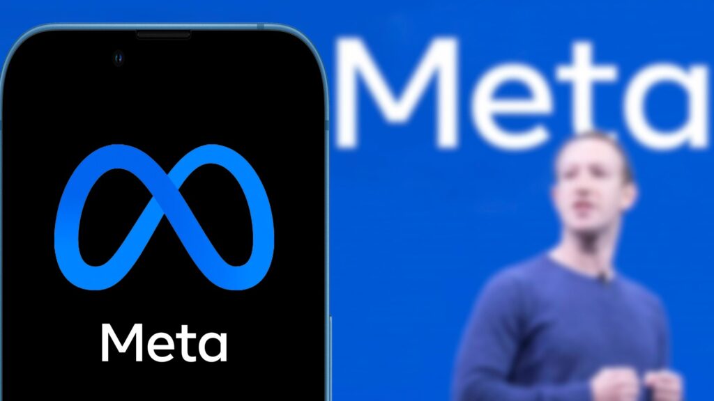 Metaのロゴが黒い画面に出ているスマホと、大きなMetaの文字の前にいるぼやけた男性の写真。Meta、Muse用SDKを2種類公開 日本のiPhoneはつなげない