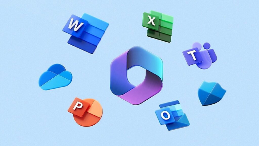 Microsoft 365のWord・Excel・PowerPointなどのアイコンが中央のロゴを囲む3Dイラスト。Microsoft、507業務でAIを採点 首位Claudeも半分を割った
