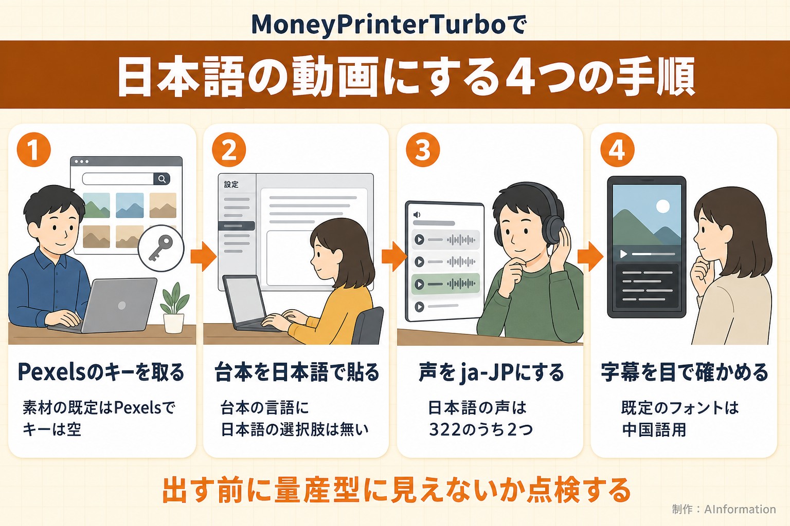 MoneyPrinterTurboで。日本語の動画にする4つの手順。Pexelsのキーを取る。素材の既定はPexelsでキーは空。台本を日本語で貼る。台本の言語に日本語の選択肢は無い。声をja-JPにする。日本語の声は322のうち2つ。字幕を目で確かめる。既定のフォントは中国語用。出す前に量産型に見えないか点検する。AInformation編集部が作ったイラスト図解（横並びの手順コマ）