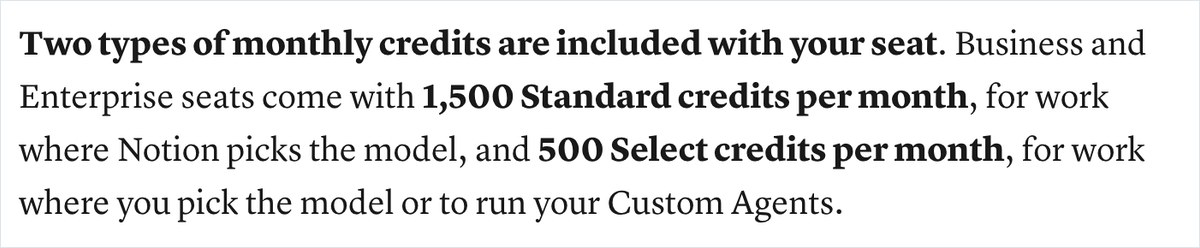 Notionの公式ブログの発表記事。BusinessとEnterpriseに毎月付くStandardとSelectのクレジットの量を説明している画面