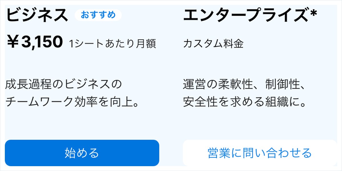 Notionの日本語の料金ページ。フリー・プラス・ビジネス・エンタープライズの4つのプランと円の月額が並ぶ画面