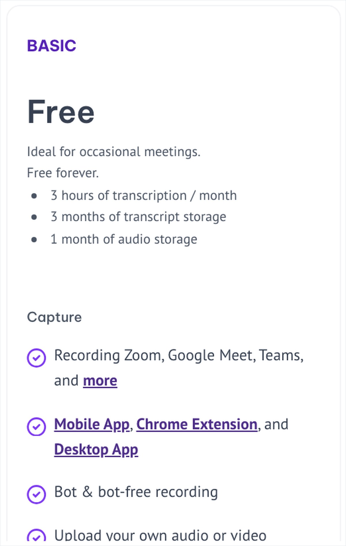 MeetGeekの公式料金ページで無料プランBASICの欄を写した画面。英語で、文字起こしは月3時間までと書かれている