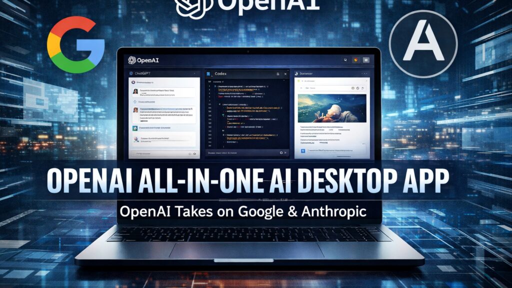ノートパソコンの画面にChatGPT・Codex・ブラウザの3画面が並び、周囲にOpenAI・Google・Anthropicのロゴが配置された画像。OpenAI、AIの訓練を11日止めて回線を断つ 切ってもAI同士は通じた