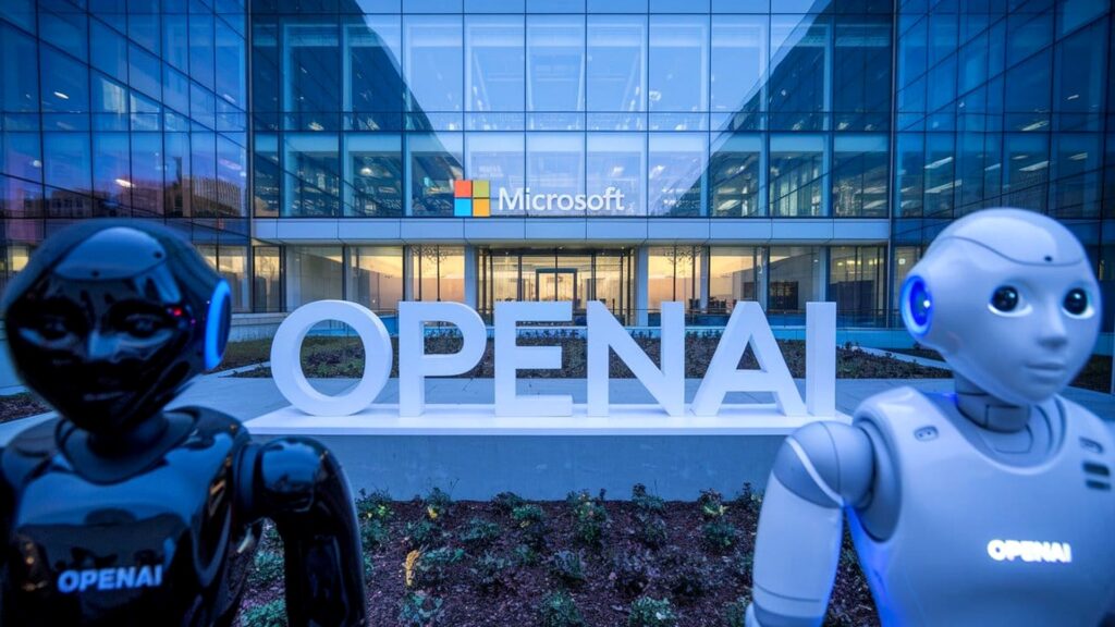 OPENAIの大きな看板の前に2体のロボットが立ち、背景にMicrosoftのロゴが見える写真。OpenAI、Astra Proを更新 月3,000円のPlusは対象外だ