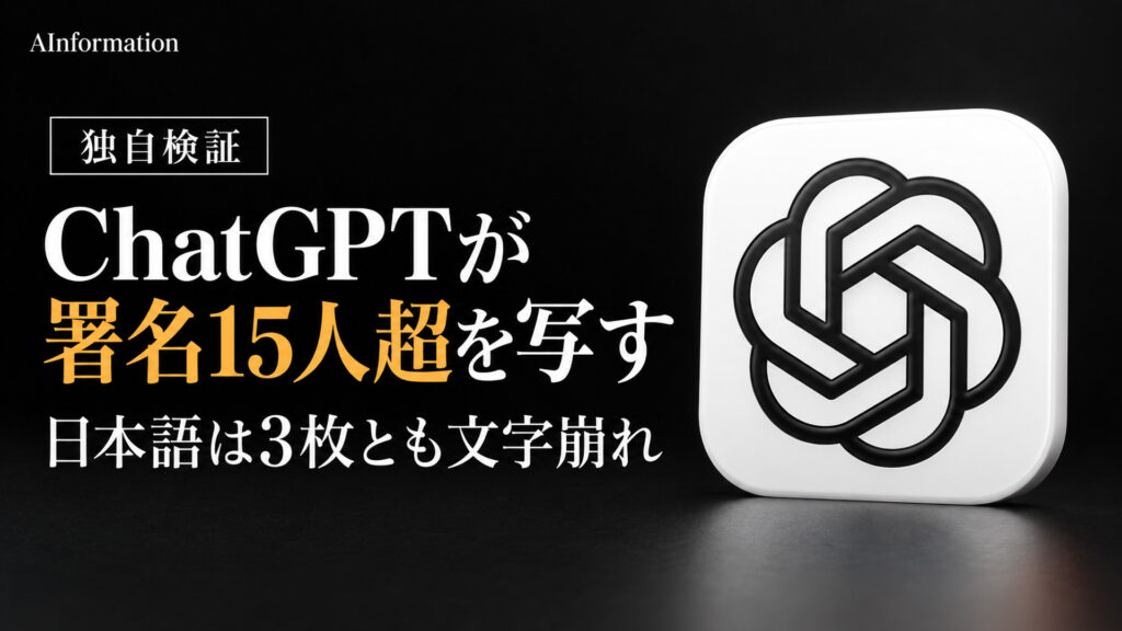 ChatGPTが署名15人超を写す。日本語は3枚とも文字崩れ