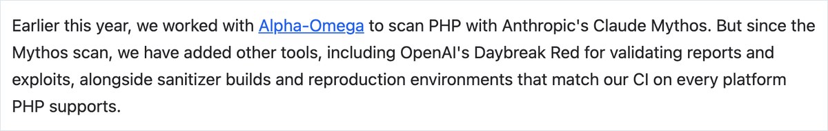 PHP財団のブログ記事のうち、Alpha-Omegaと組んでAnthropicのClaude MythosでPHPを調べたと書かれた段落の画面