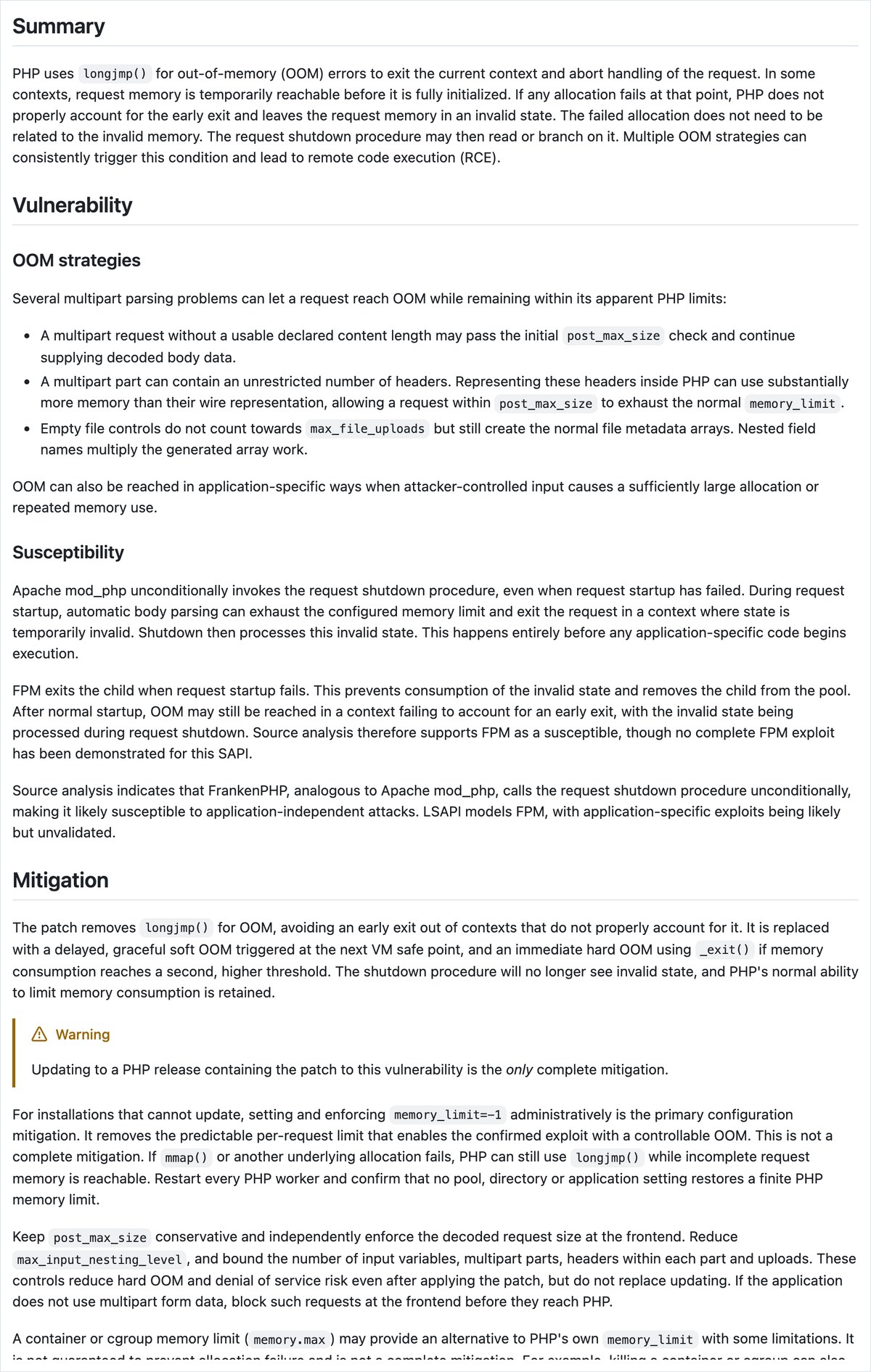 GitHubのphp-srcのセキュリティ勧告のページ。深刻度Criticalと点数9.2、標準設定のmod_phpで遠隔実行につながりうると書かれた画面