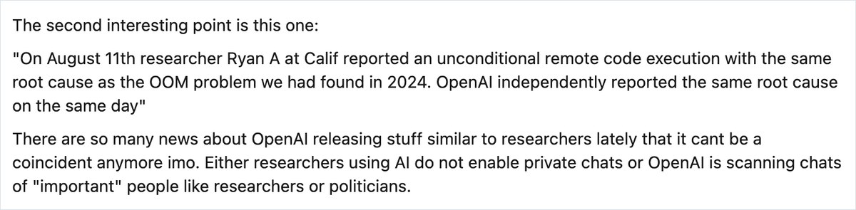 PHP財団の10月21日のブログ記事。OpenAIが8月11日に同じ原因を報告し9月18日に別の攻撃経路も報告したと書かれた画面