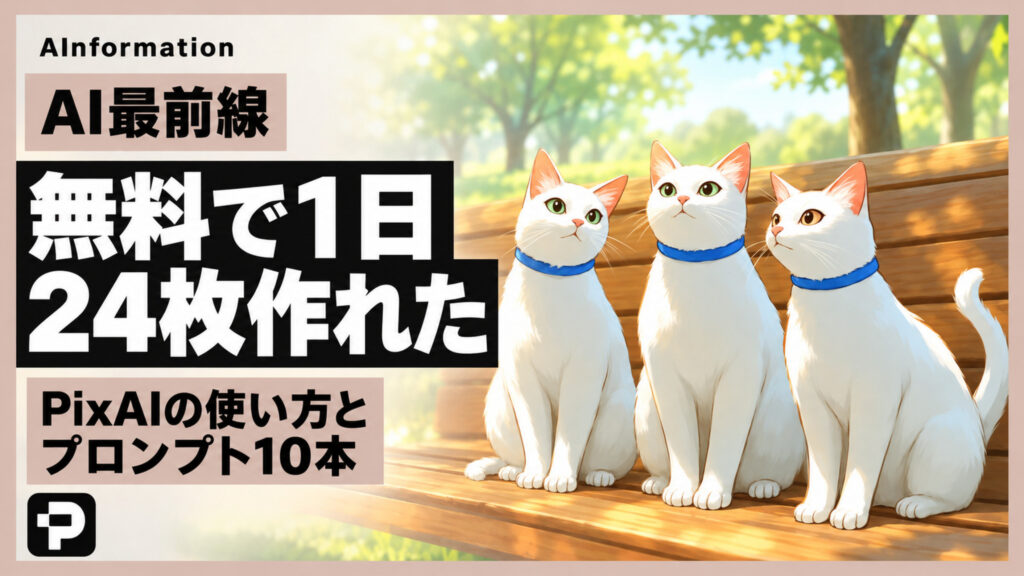 AInformationのアイキャッチ。AInformation編集部がPixAIで作った猫の絵と「無料で1日24枚作れた」「PixAIの使い方とプロンプト10本」の文字