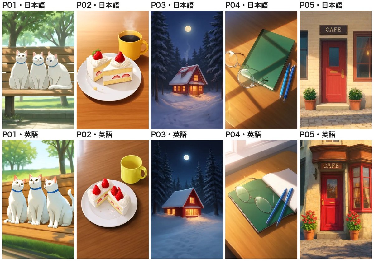 AInformation編集部がPixAIで作った絵を10枚並べたもの。上の段が日本語で下の段が英語。左から白い猫3匹とベンチ・いちごのショートケーキと黄色いマグカップ・雪の積もった家と満月・緑のノートと青いペン・CAFEの看板の喫茶店
