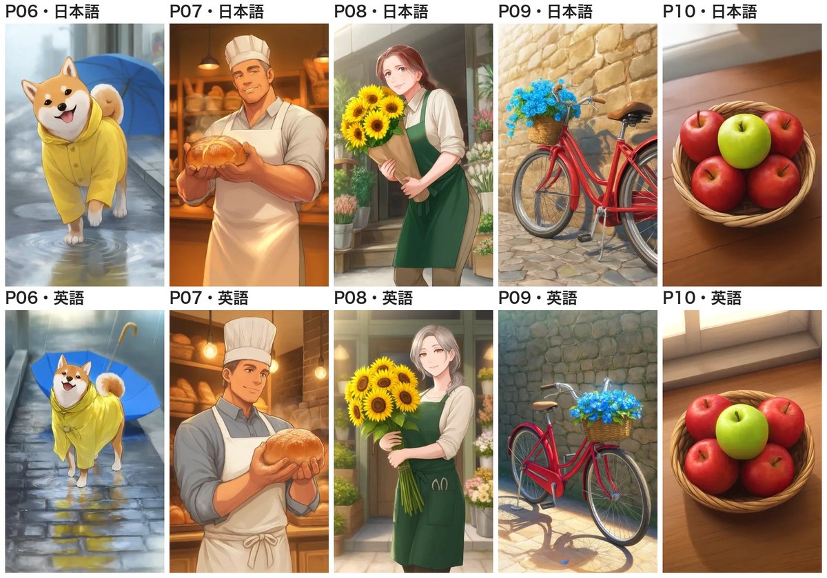 AInformation編集部がPixAIで作った絵を10枚並べたもの。上の段が日本語で下の段が英語。左から黄色いレインコートの柴犬・大人の男性のパン職人・ひまわりの花束を持つ大人の女性の花屋・赤い自転車・かごのりんご