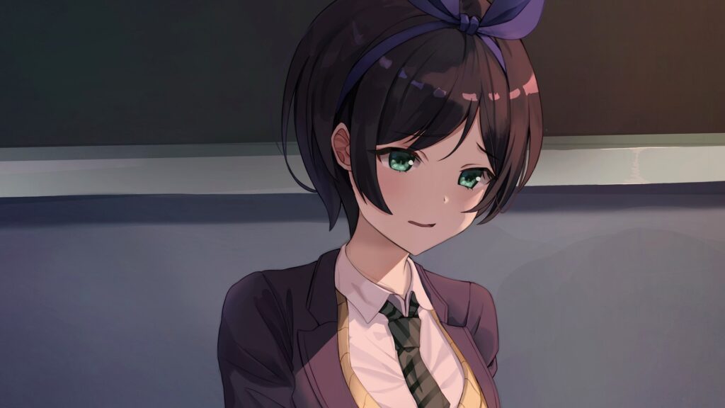 紫のリボンで髪をまとめ、紫のブレザーに白シャツとチェック柄のネクタイを着たアニメ風の女性キャラクターの画像。SB Intuitions、6モデルを0円公開 学習を断れるのは有料版だけだ
