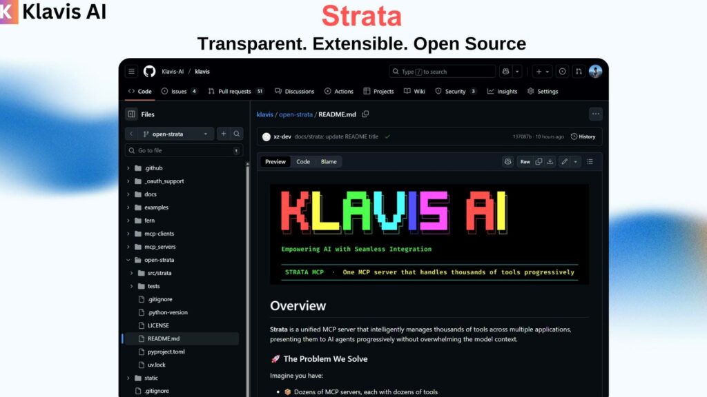 Klavis AIのロゴと「Strata」の見出しの下に、GitHubのREADME.mdを表示した画面。Strata、125BのQwenをゲーミングPCで実行 Macでは動かない