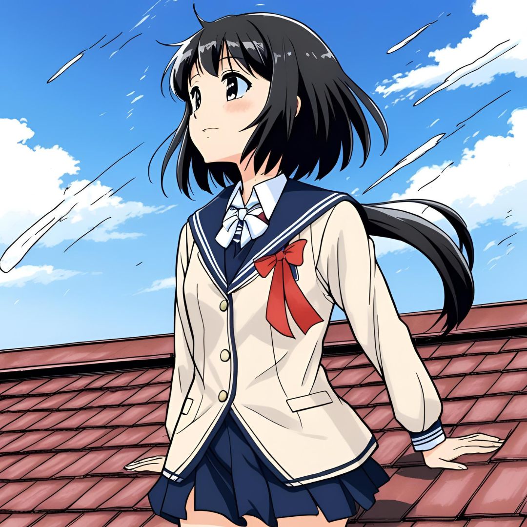 Canvaの画像生成で作った、ベージュの上着と紺のスカートの少女が赤い瓦の屋根に座って空を見上げるアニメ風の画像