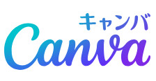 白い背景に、青緑から紫に変わる筆記体の「Canva」と右上の「キャンバ」の文字を並べたCanvaのロゴ