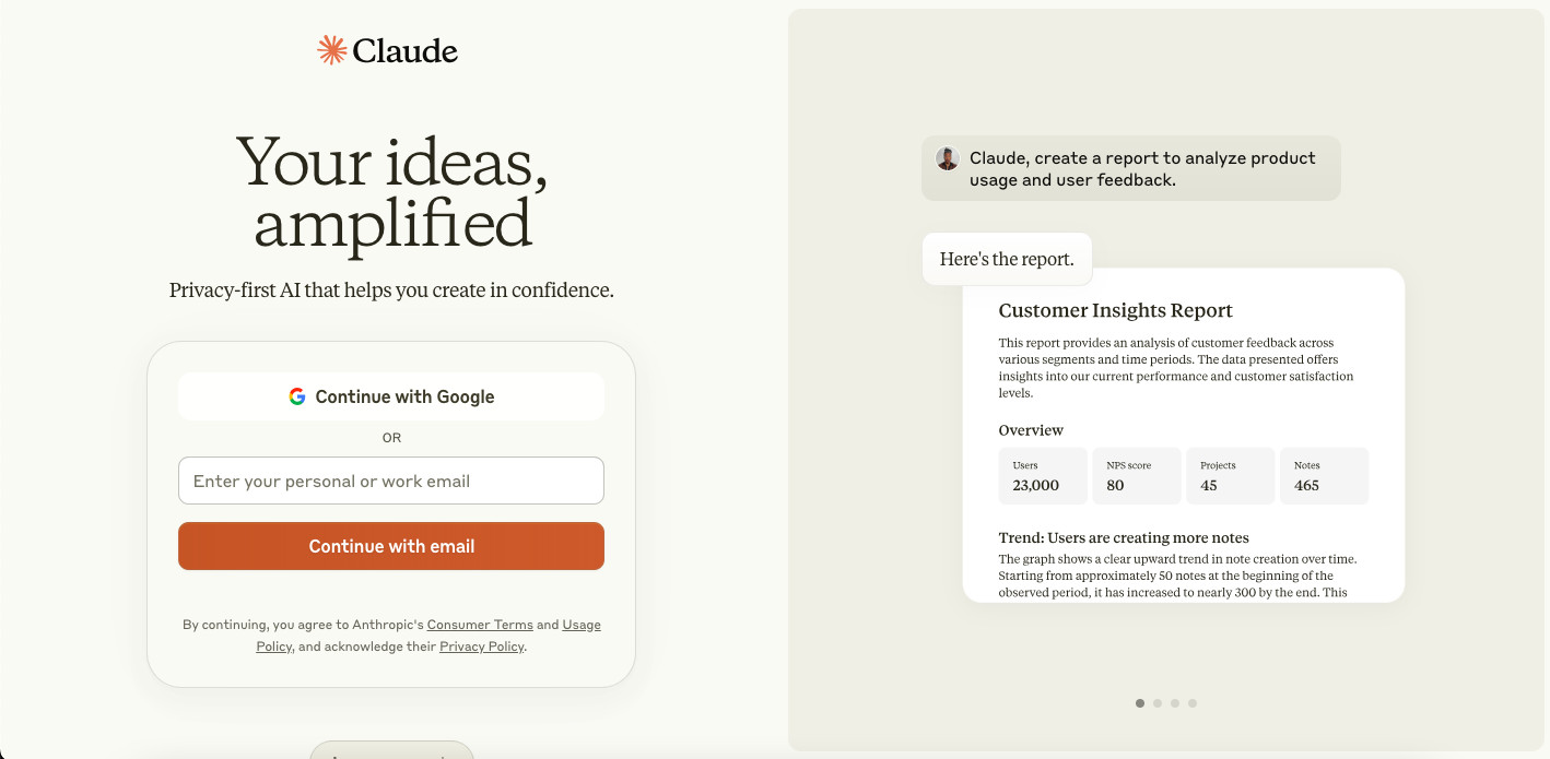 Claudeの公式サイトのトップページで、「Your ideas, amplified」の下にGoogleとメールで続けるボタンが並んだ画面