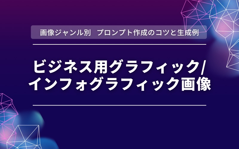 「画像ジャンル別 プロンプト作成のコツと生成例」の帯と「ビジネス用グラフィック/インフォグラフィック画像」の文字の見出し画像