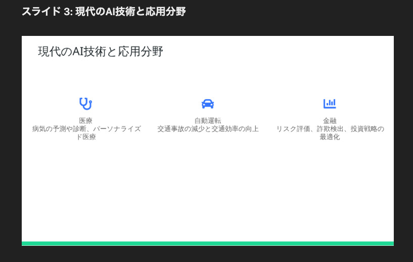 「スライド 3: 現代のAI技術と応用分野」の下に、医療と自動運転と金融の例を3列で並べたスライドの画像