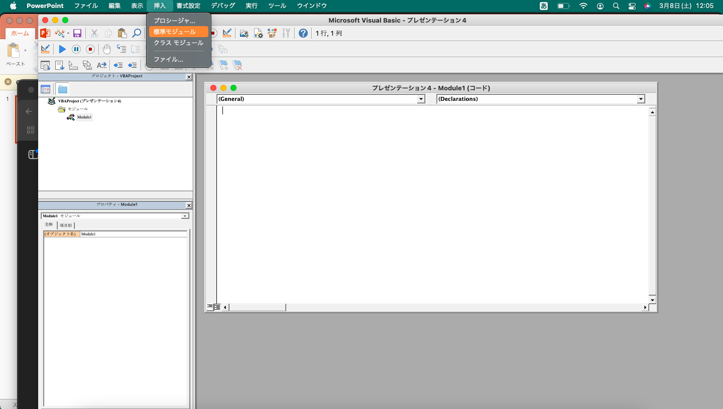 Visual Basic Editorの「挿入」メニューから「標準モジュール」を選び、空のコード画面を開いたMacの画面