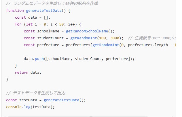 ChatGPTが作ったJavaScriptのコードで、50件のテストデータを作って出力する関数を示した画面