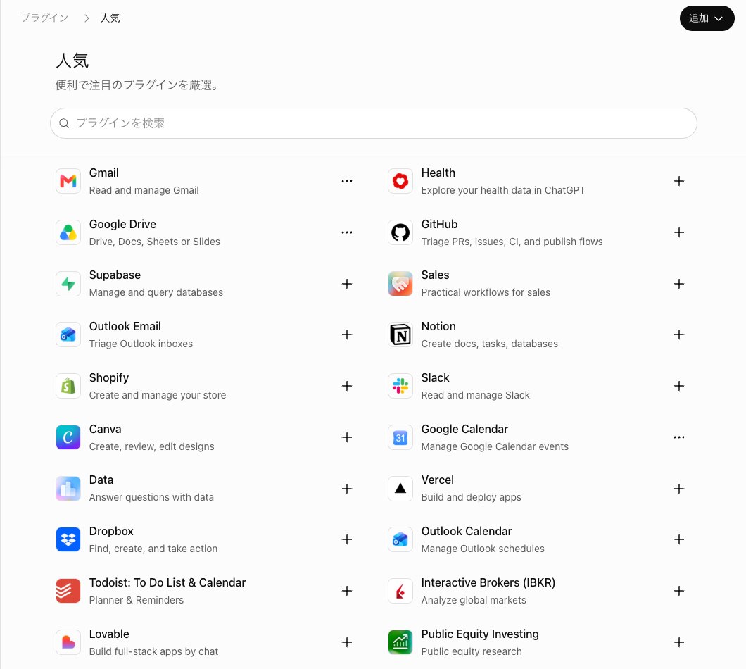 ChatGPTのプラグイン一覧の人気の画面。上に検索の欄があり、GmailやCanvaやSalesなどのプラグインがアイコンと説明つきで2列に並んでいる