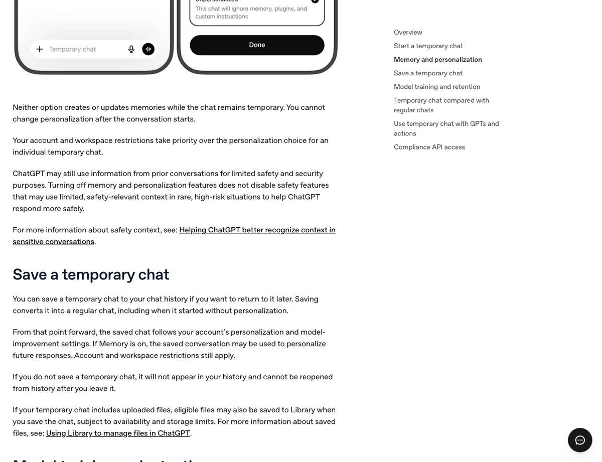 OpenAIヘルプセンターのTemporary chat in ChatGPTの中ほどで、どちらの設定でもメモリを作らないことと一時チャットを保存したときの扱いが英語で書かれた画面