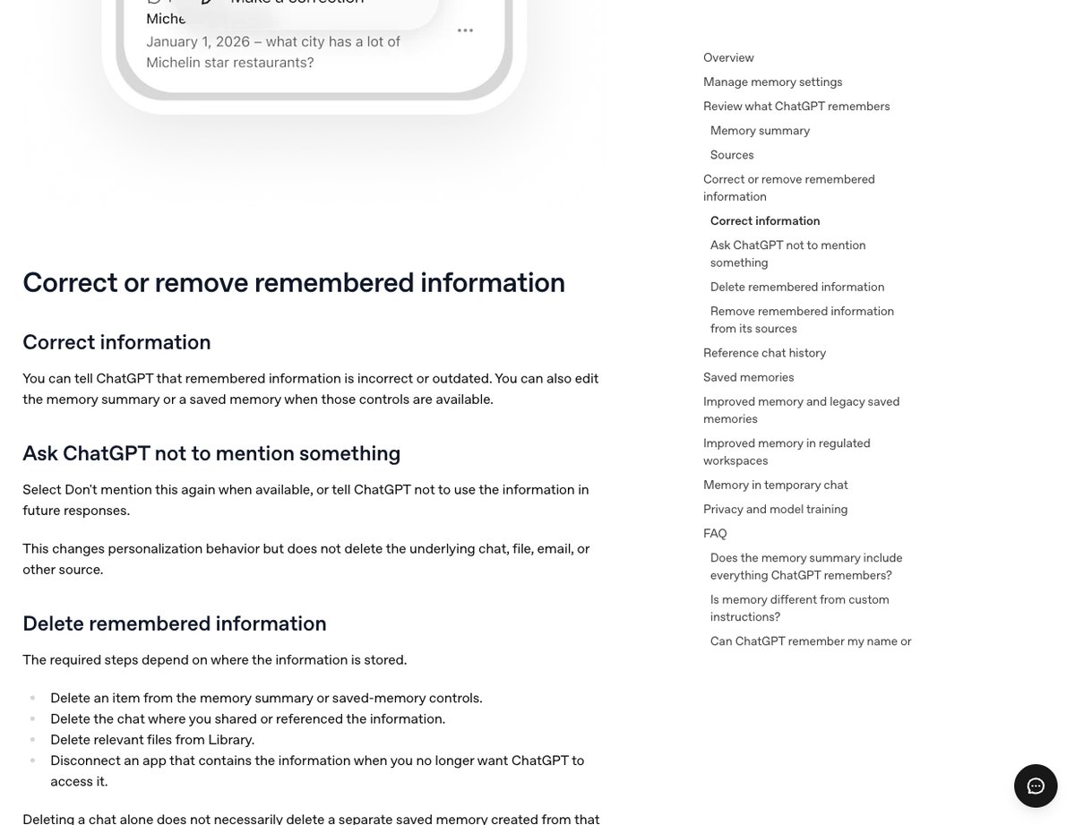 OpenAIヘルプセンターのMemory in ChatGPTの画面。Correct or remove remembered informationの節に、直す・触れないでと頼む・覚えたことを消す・元の情報源から消すの見出しが並んでいる