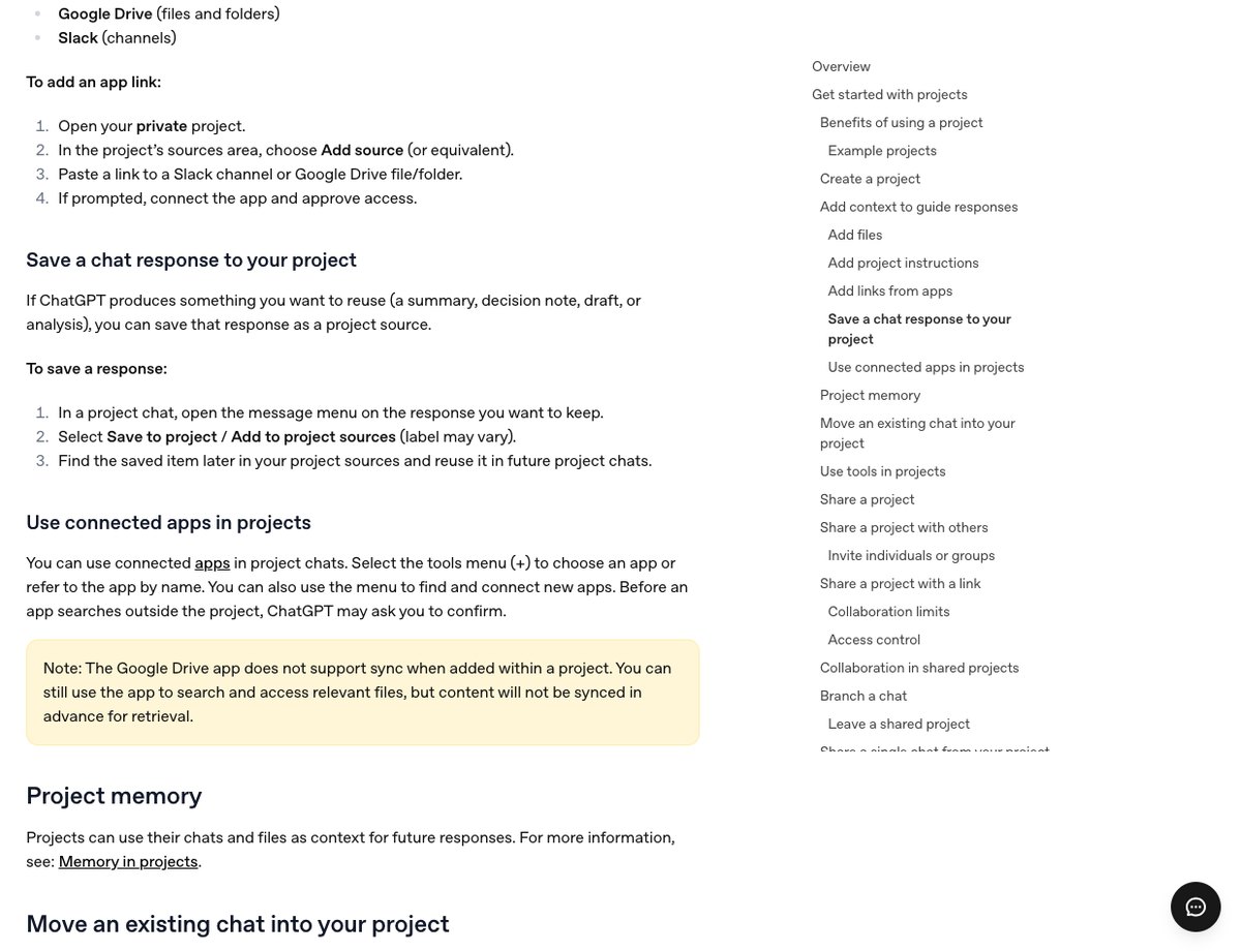 OpenAIヘルプセンターのProjects in ChatGPTの中ほどで、チャットの答えをプロジェクトに保存する手順と連携アプリの使い方とProject memoryの説明が書かれている画面