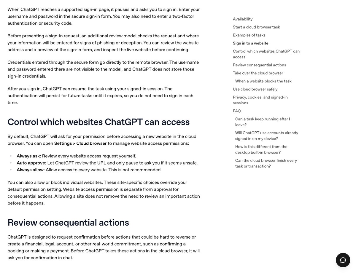 OpenAIの公式ヘルプで、クラウドブラウザのサインインの窓の仕組みと許可の設定3つを説明している画面