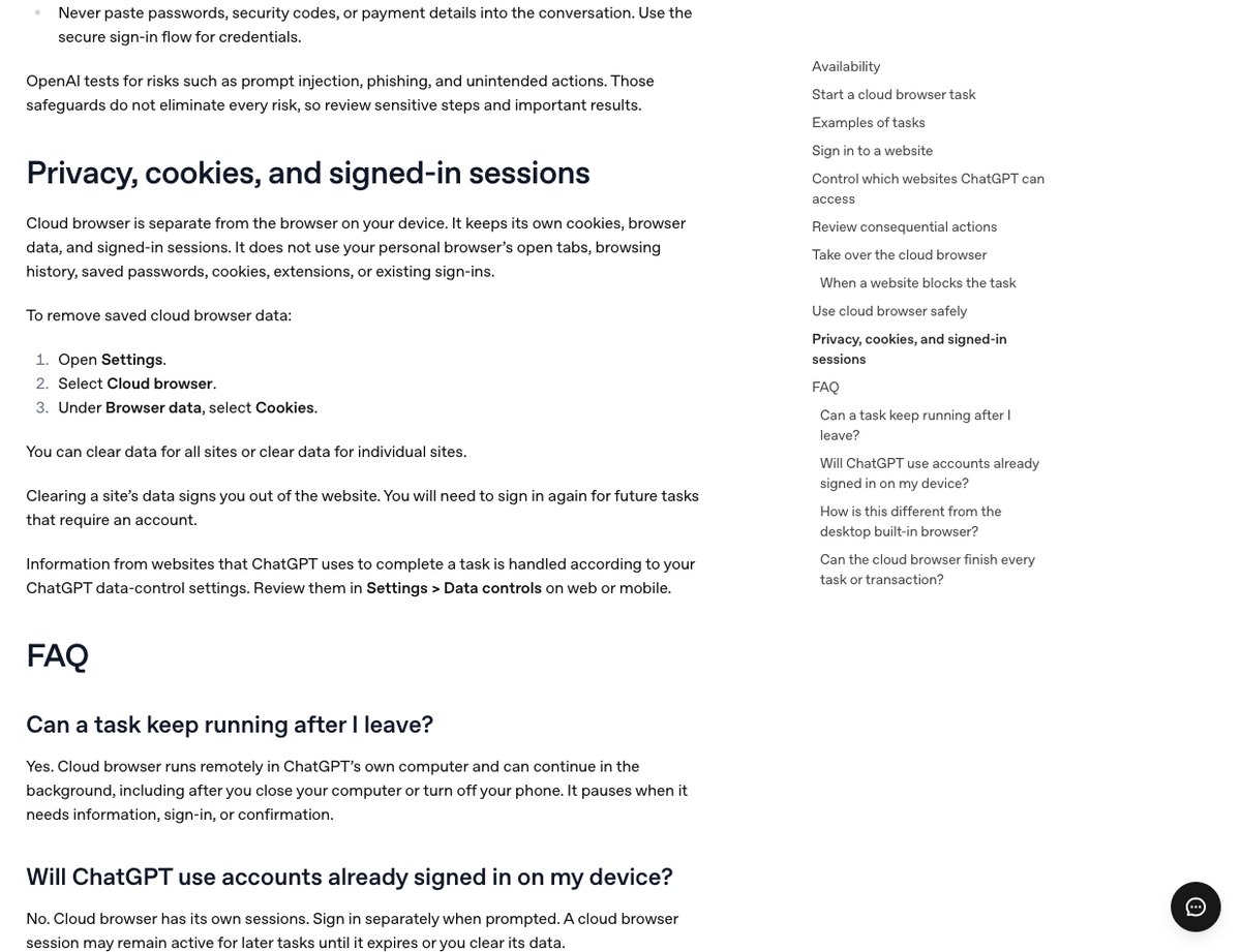 OpenAIの公式ヘルプで、パスワードを会話に貼らない注意とクラウドブラウザのCookieとログインの残り方を説明している画面