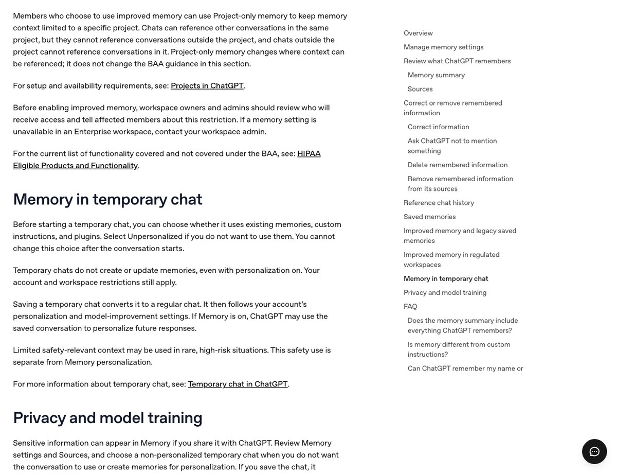 OpenAIヘルプセンターのMemory in temporary chatの節の画面。一時チャットを始める前にメモリを使うかを選べることと、メモリを作ったり書き換えたりしないことが書かれている
