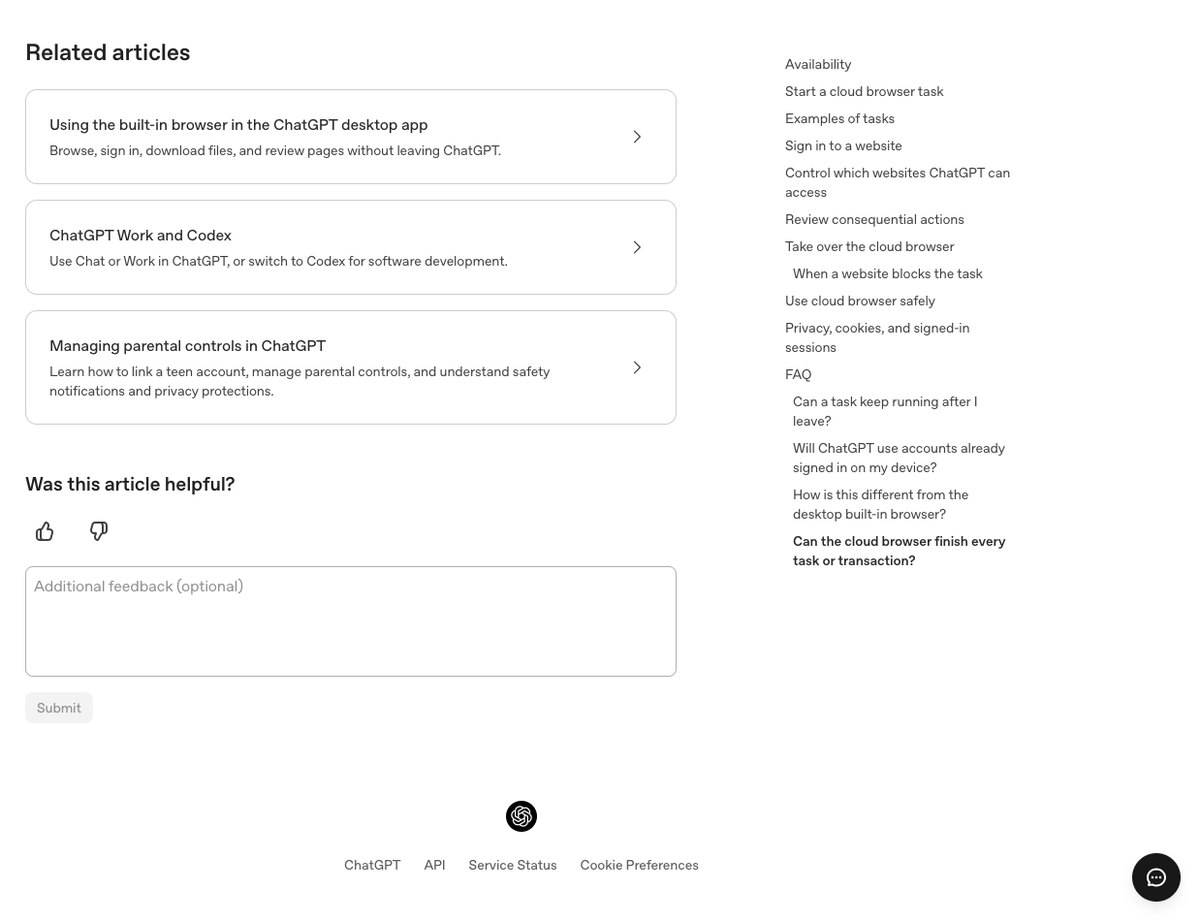 OpenAIの公式ヘルプでクラウドブラウザの記事の終わりに関連記事とFAQの目次が並んでいる画面
