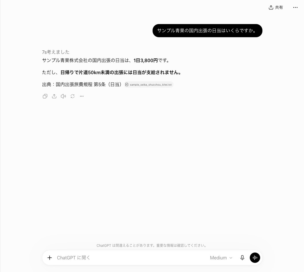 ChatGPTにファイルにもライブラリにも触れずサンプル青果の日当を聞き、1日3,800円と答えて規程のファイル名の札が出た画面