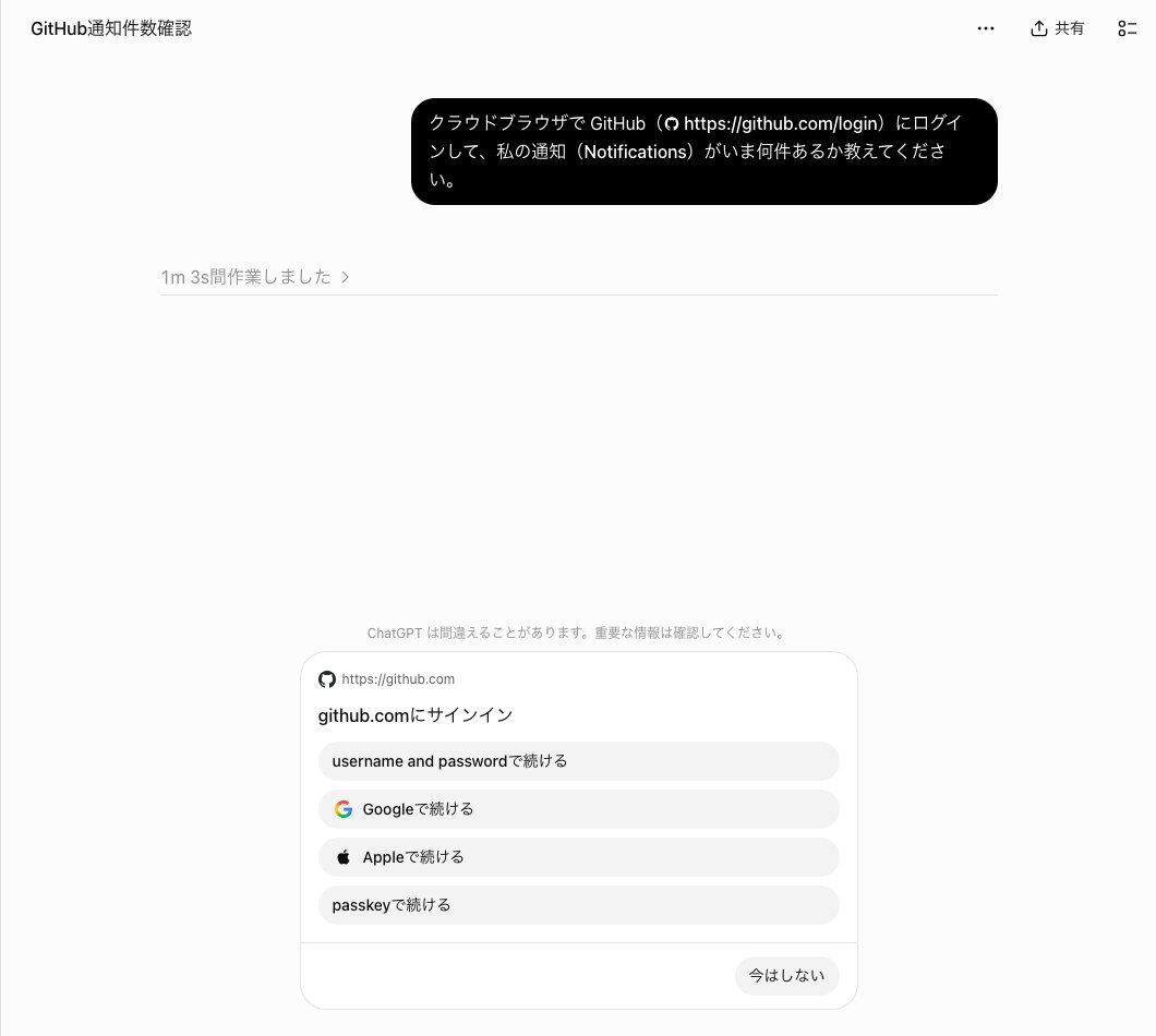 ChatGPTのクラウドブラウザにGitHubへのログインを頼み、チャットの下にgithub.comのサインインの窓とログイン方法のボタンが出た画面
