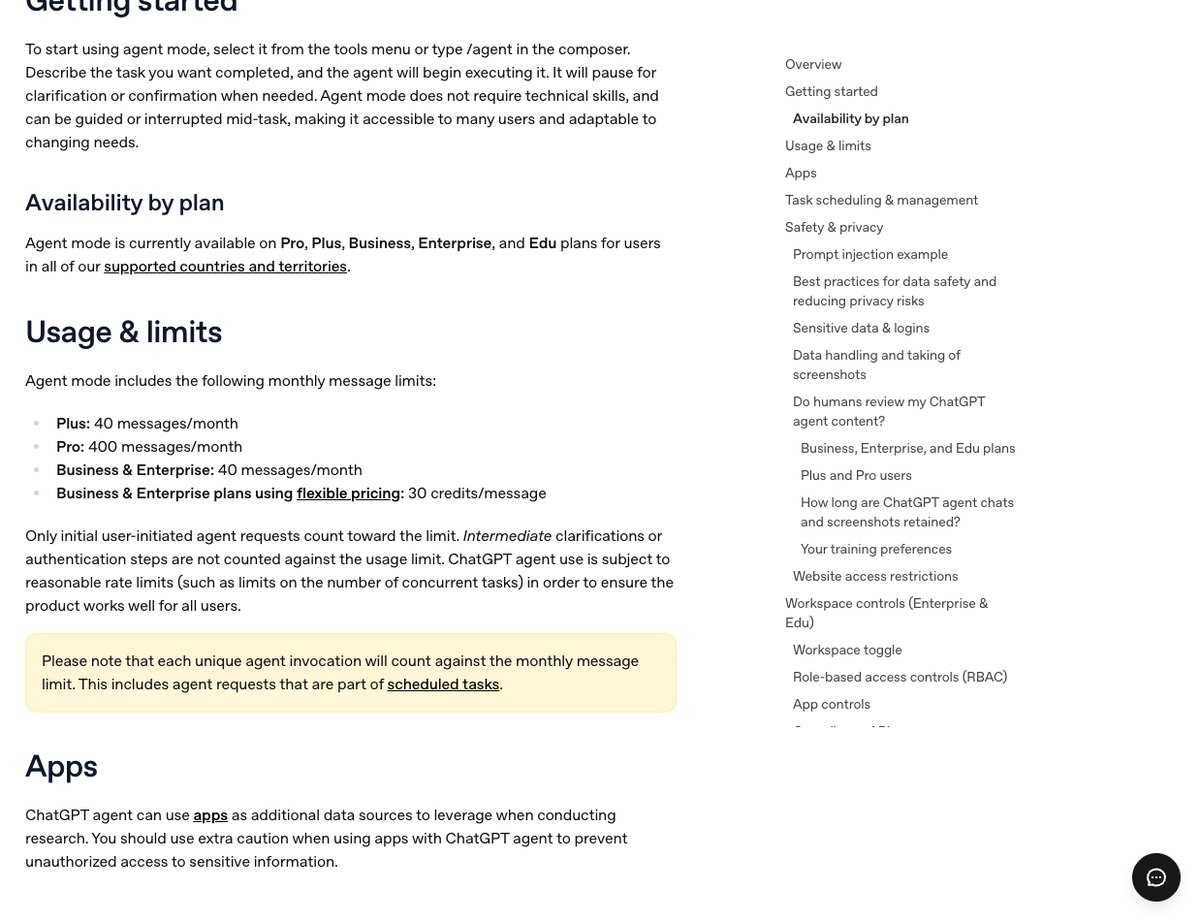 OpenAIヘルプセンターのChatGPT agentの記事の中ほどの画面。Getting startedに/agentの呼び方、Usage and limitsにPlus月40回とPro月400回の上限が書かれている