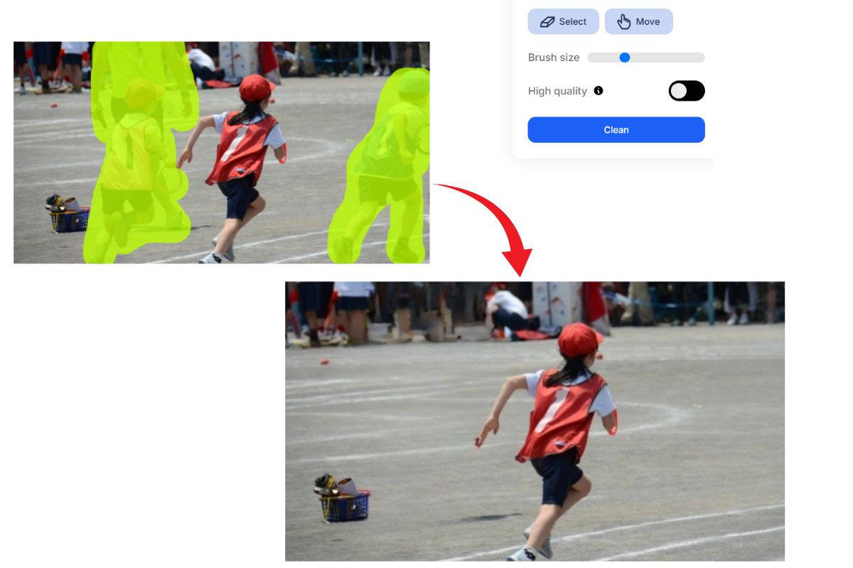 ClipdropのCleanupの画面で走る人物の写真の両側にいる人たちを黄緑で塗り、赤い矢印の先で消えた結果を並べた画面