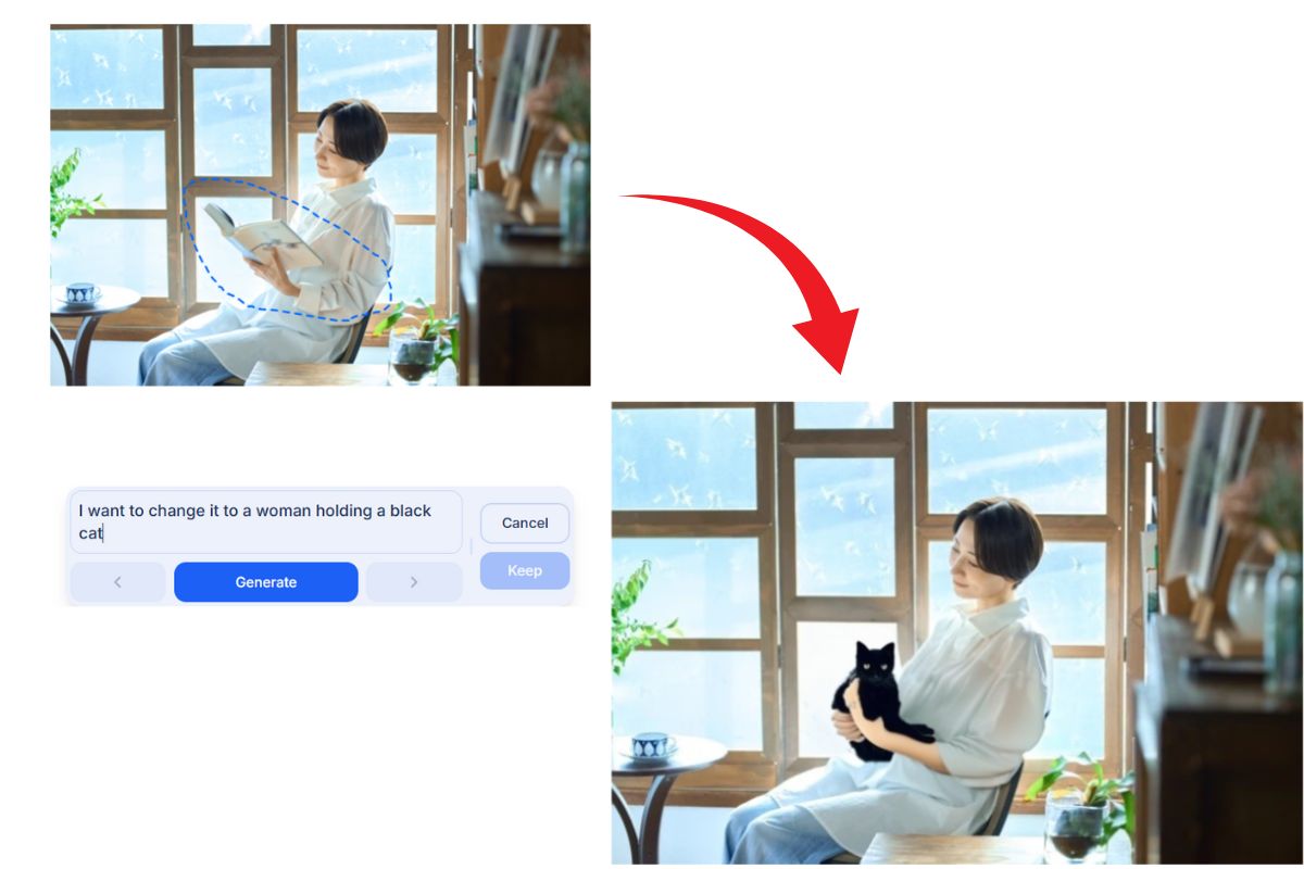 ClipdropのGenerative Fillで窓辺で本を読む女性の写真の一部を丸く囲んで指示を入れ、黒猫を抱いた女性に変えた画面