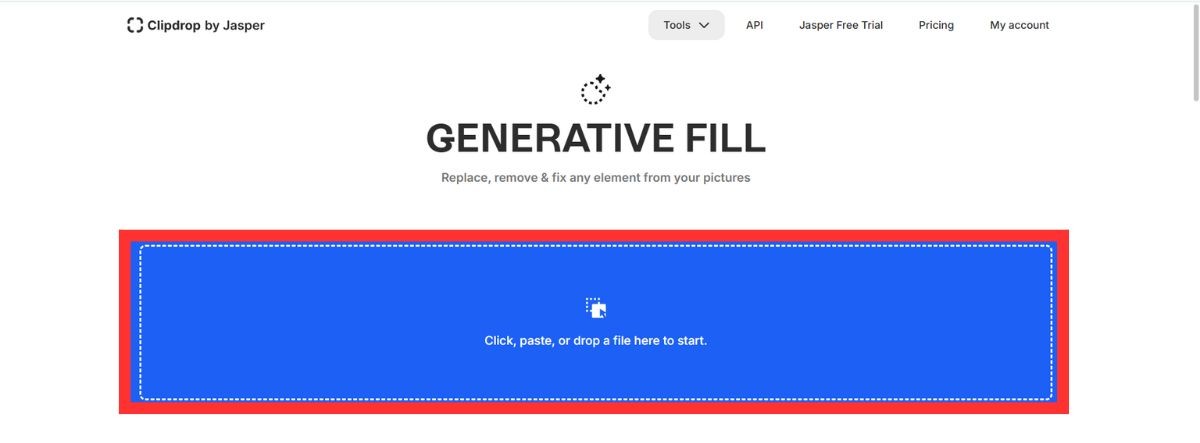 ClipdropのGenerative Fillの画面で、ファイルを入れる青いアップロード欄を赤枠で囲んだ画面