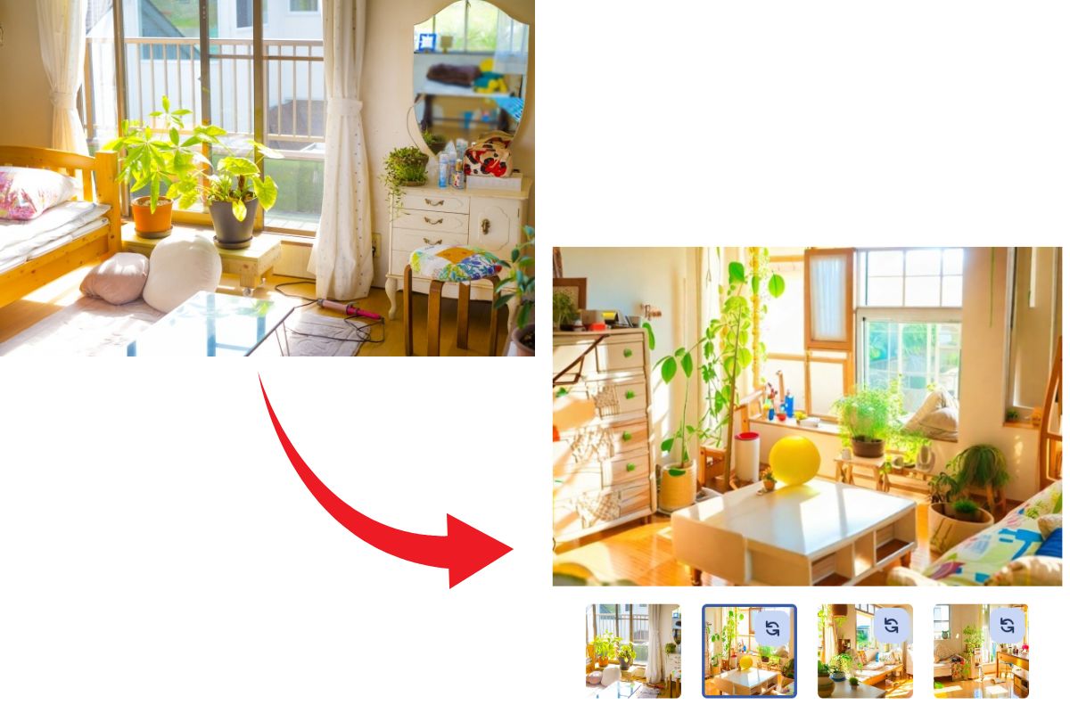 ClipdropのReimagineで観葉植物のある部屋の写真から赤い矢印の先に似た部屋の画像が作られ、下に4つの候補が並んだ画面