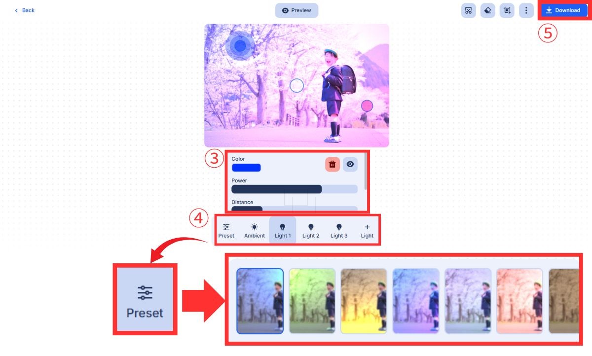 Clipdrop Relightの画面で、桜並木の子どもの写真に当てる光の設定とプリセットとDownloadのボタンを番号と赤枠で示した画面