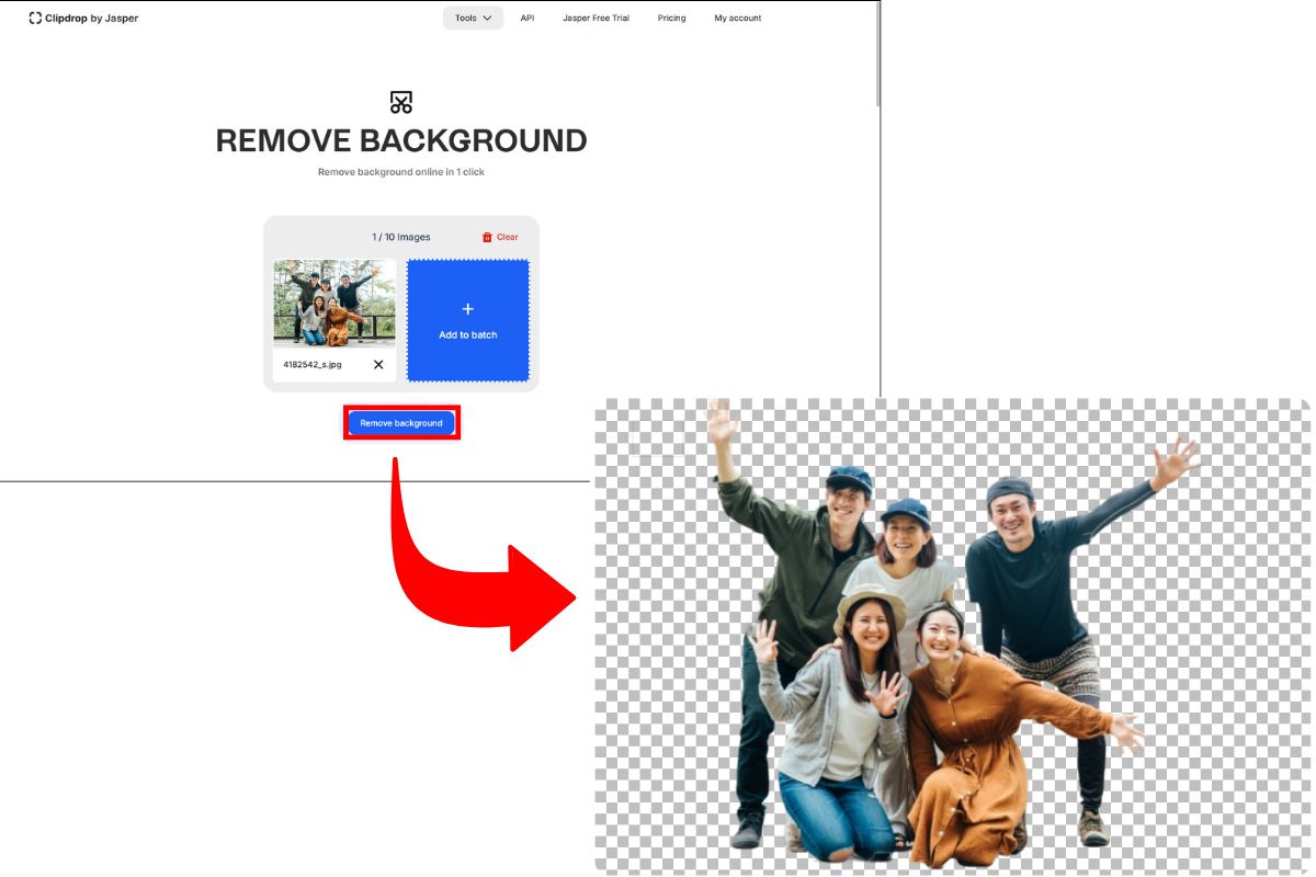 Clipdrop Remove backgroundの画面でボタンを赤枠で囲み、赤い矢印の先に背景が消えた集合写真を並べた画面