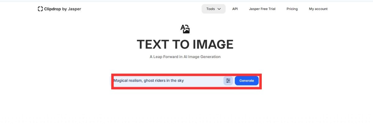 ClipdropのText to imageの画面で、入力欄に英語のプロンプトを入れ「Generate」のボタンまでを赤枠で囲んだ画面