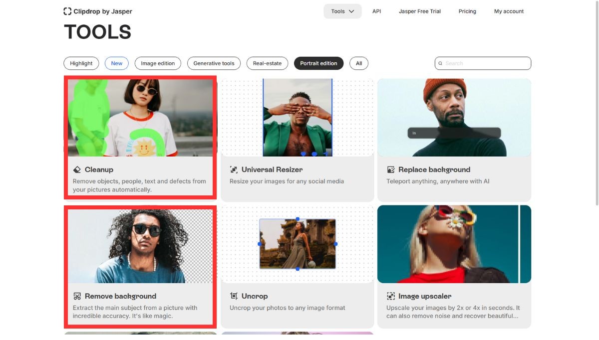Clipdropのツール一覧画面で「Cleanup」と「Remove background」のカードをそれぞれ赤枠で囲んだ画面