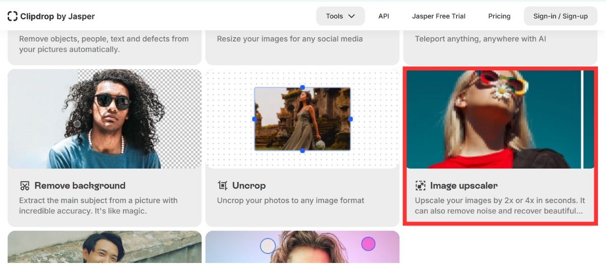Clipdropのツール一覧画面で「Image upscaler」のカードを赤枠で囲んだ画面
