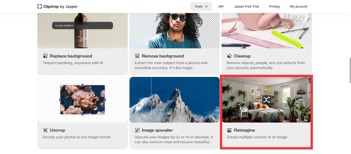 Clipdropのツール一覧画面で「Reimagine」のカードを赤枠で囲んだ画面