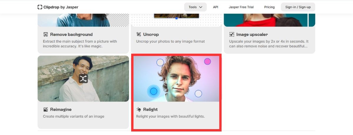 Clipdropのツール一覧画面で、顔写真に光が当たった「Relight」のカードを赤枠で囲んだ画面