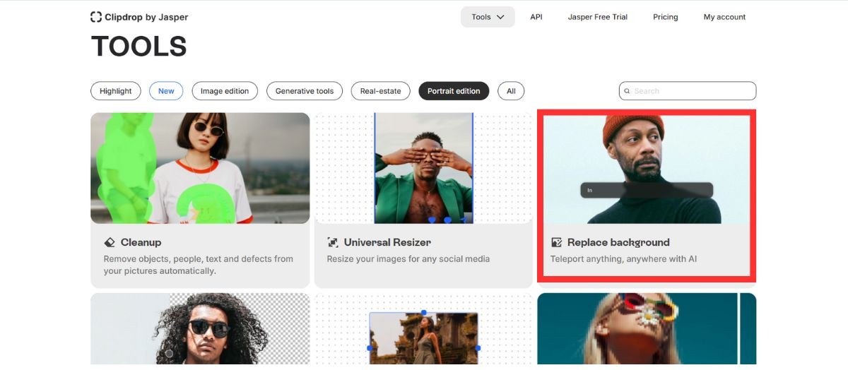 Clipdropのツール一覧画面で「Replace background」のカードを赤枠で囲んだ画面