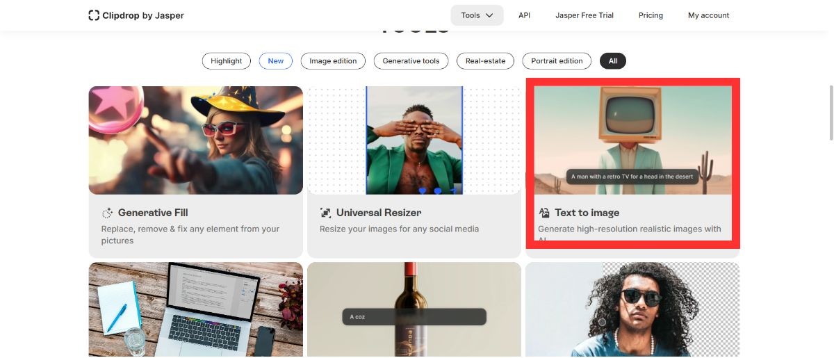 Clipdropのツール一覧画面で「Text to image」のカードを赤枠で囲んだ画面