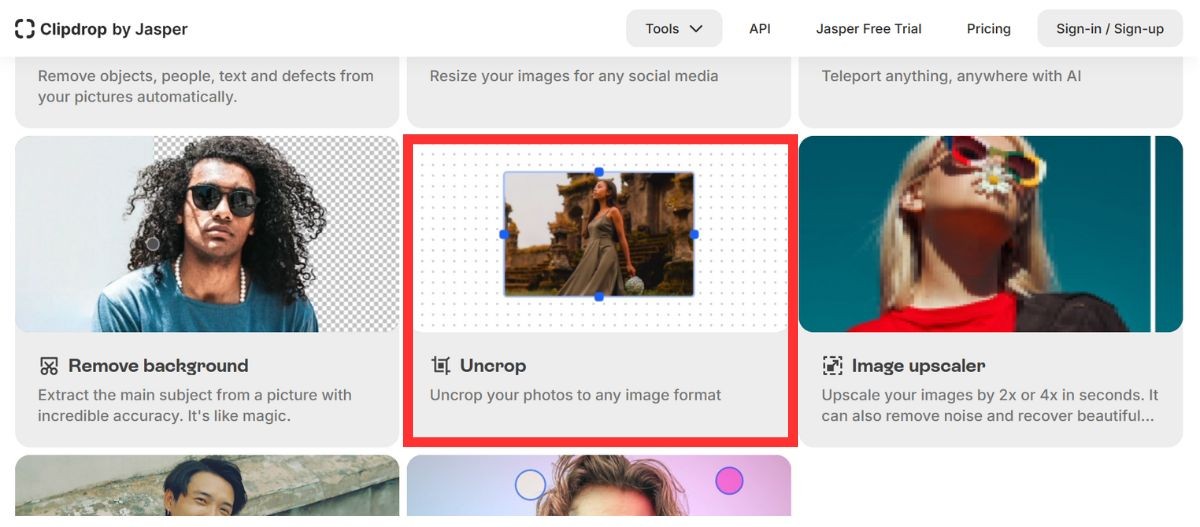 Clipdropのツール一覧画面で、3つ並んだカードの真ん中の「Uncrop」を赤枠で囲んだ画面