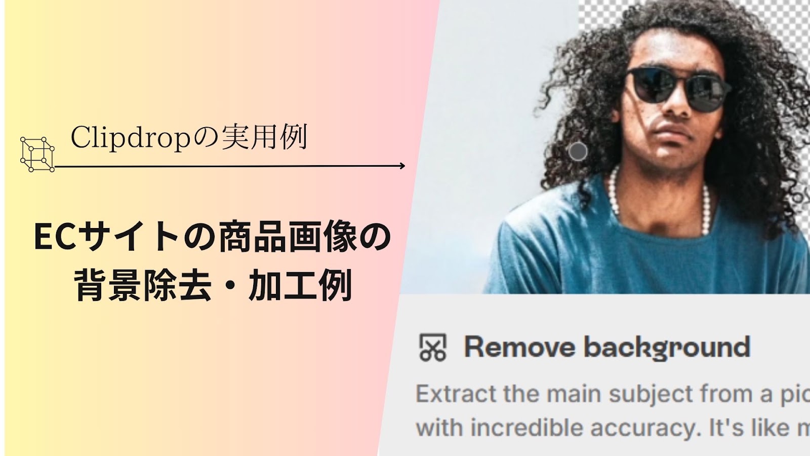 「Clipdropの実用例」の下に「ECサイトの商品画像の背景除去・加工例」と入れ、右に背景の一部が透明になった男性の写真を並べた見出し画像